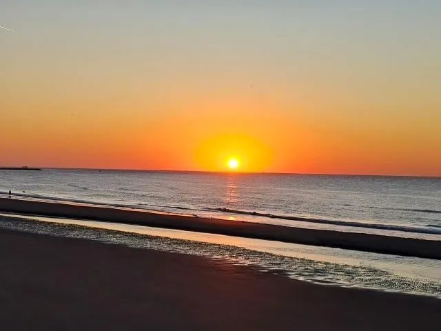 Golden sun setting on horizon over calm ocean with waves washing onto dark sandy beach at dusk
