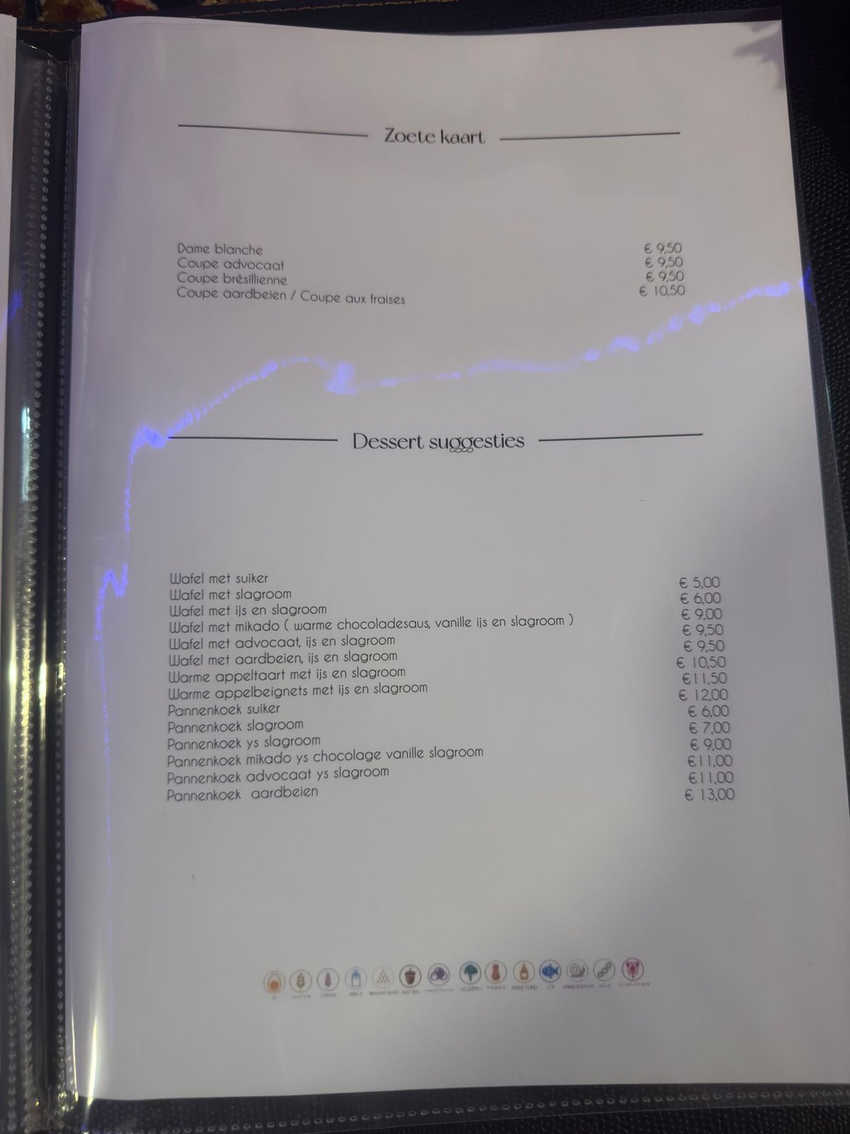 Menu page showing Zoete kaart (desserts section) with Dutch food items and prices in euros